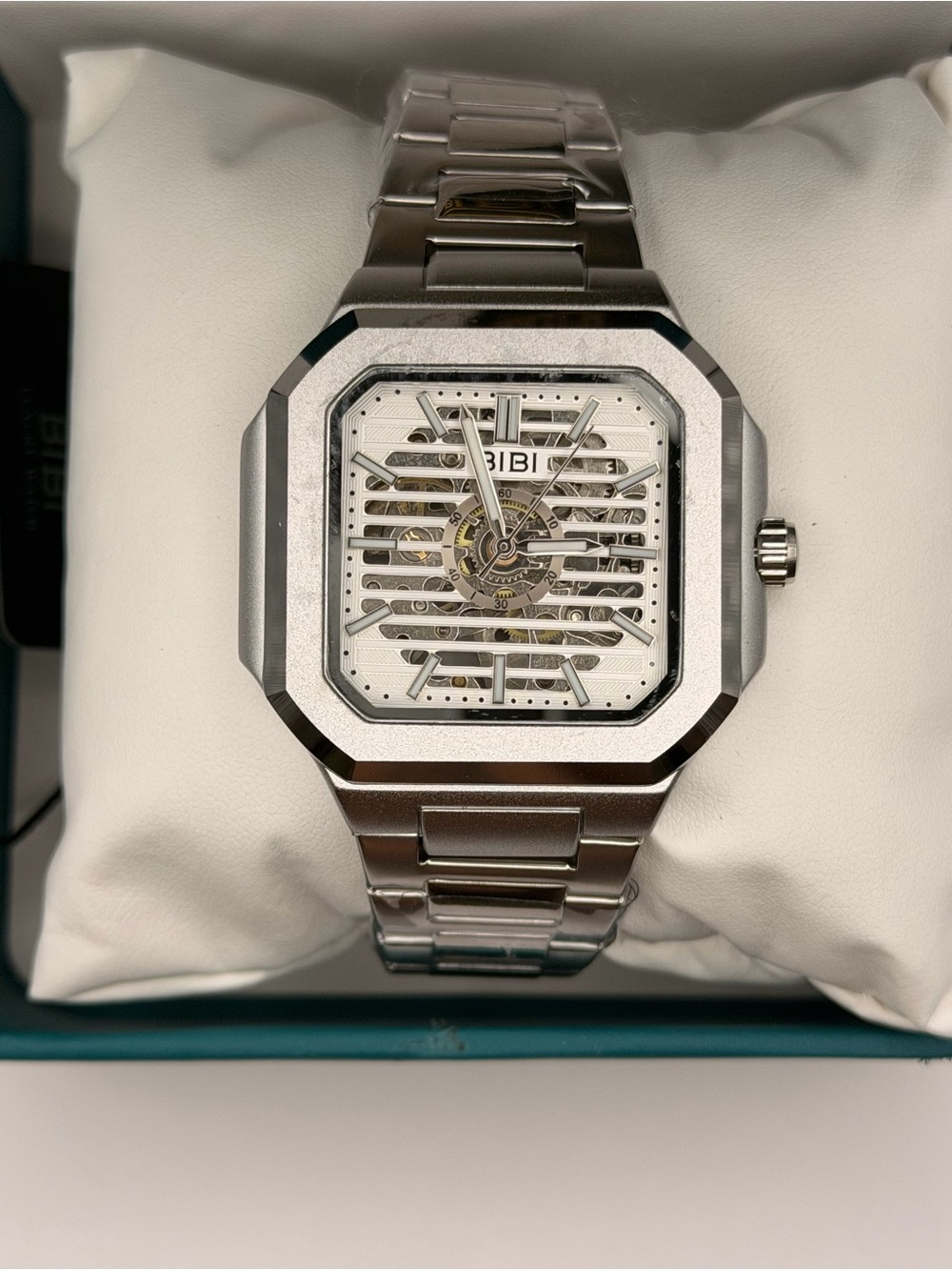 BiBi Silver Stainless Steel Skeleton Square Men's Watch